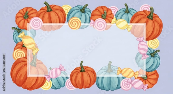 Fototapeta Orange and blue pumpkins, colorful candies surround blank rectangle frame, autumn harvest, Halloween, Thanksgiving design, festive, cheerful mood, free space for text
