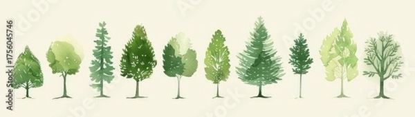 Fototapeta Watercolor Trees Illust., Variety, Background is Neutral, for Graphic Design Use