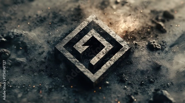 Obraz Dark stone maze cube on smoky surface abstract 3 d rendering