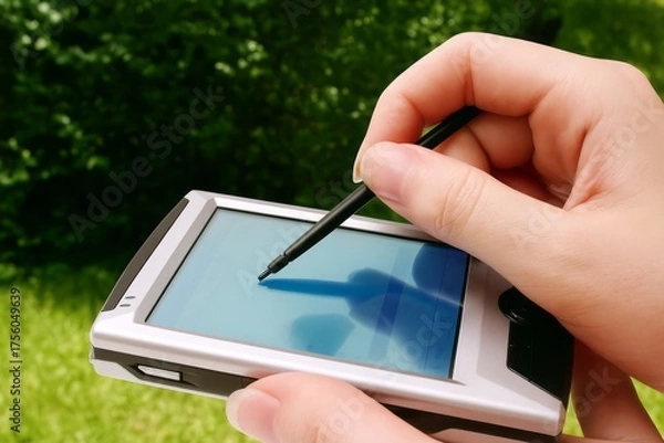 Fototapeta Hand using a stylus on a personal digital assistant in an outdoor setting
