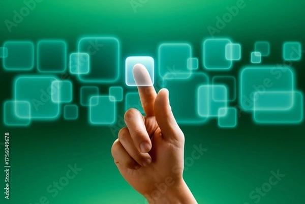 Fototapeta Hand touching a glowing button on a virtual interface with green background
