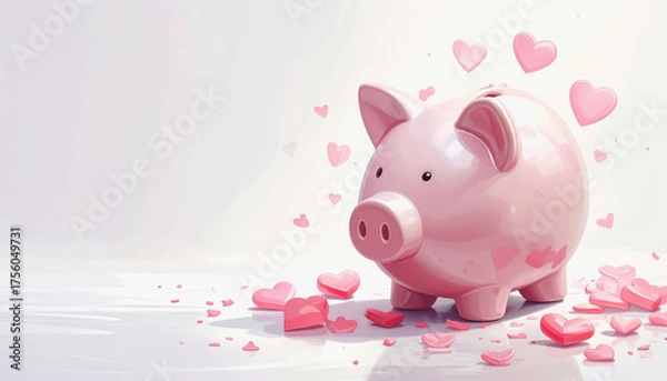 Fototapeta Adorable piggy bank surrounded by small hearts on a clean white background emphasizing love and saving money