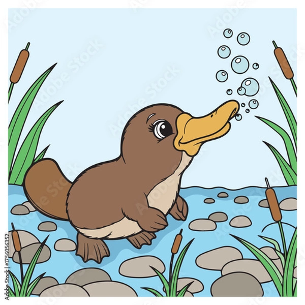 Fototapeta Cartoon bird standing on grass in a playful nature scene