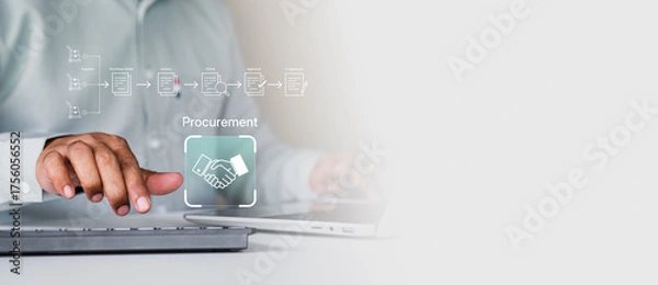 Fototapeta Smart procurement process workflow, Digital contract document approval, Vendor List, Businessman managing e-procurement, B2B Procurement System Interface, paperless invoice, representing B2B sourcing
