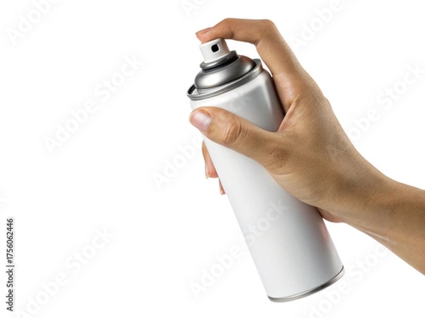 Fototapeta Hand Pressing Spray Can Nozzle with Visible Aerosol Mist | Spray Can Mockup PNG, Finger Pressing Nozzle, Air Freshener Spray Effect, Aerosol Mist Cloud Isolated on White Background