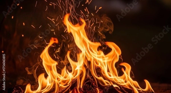 Fototapeta A mesmerizing bonfire crackles with vibrant flames and dancing sparks at night