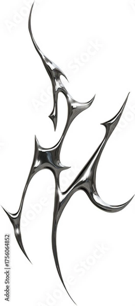 Fototapeta Futuristic chrome cybersigilism, neotribalism, gothic design with metallic spikes and abstract shapes transparent background, 3D digital render in sci-fi style.