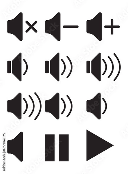 Obraz Mute and Sound Control Icon Set – Speaker Volume, Silent Mode, Audio Notification, and Sound Off Vector Symbols for Web and Mobile UI Design