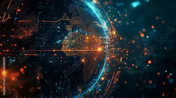 Obraz Digital Globe Abstract of Europe with Glowing Connections and Data Points