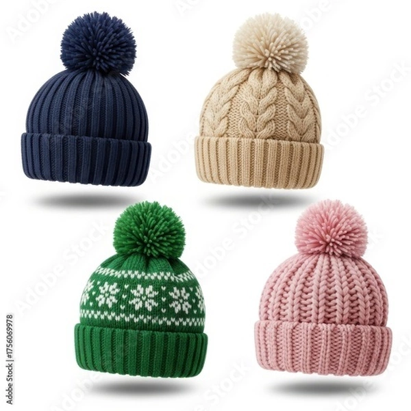 Fototapeta Four colorful pom pom hats isolated on white background