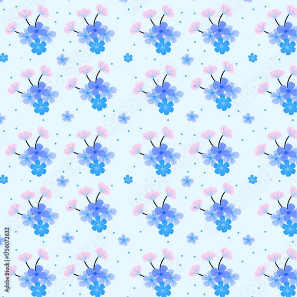 Fototapeta Cute seamless pattern with simple blue .Light Pink and Black flowers