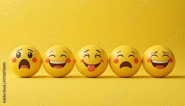 Fototapeta Yellow eggs with various emoji faces on yellow background. Generative AI
