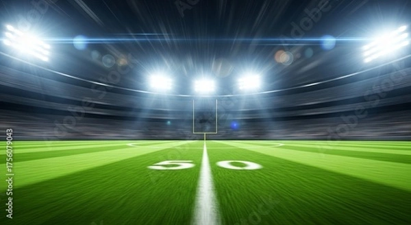 Fototapeta American football stadium with bright lights illuminating the green field