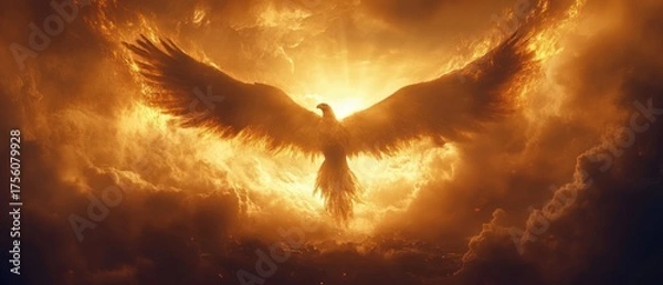 Fototapeta Fiery phoenix soaring through dramatic cloudscape fantasy bird in flight