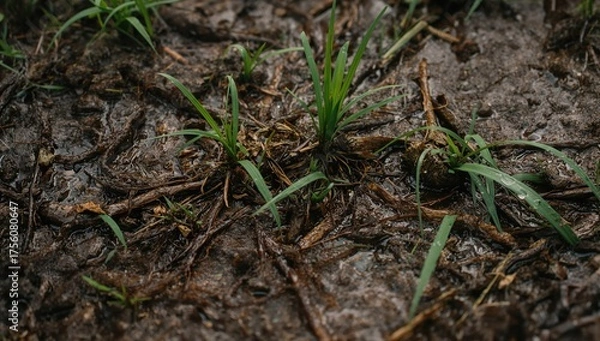 Fototapeta Detailed view of soaked vegetation and damp earth post-rain, highlighting organic patterns, water droplets, and decomposing foliage.