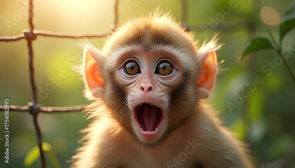 Fototapeta Young monkey with wide eyes looking surprised in nature background. Generative AI
