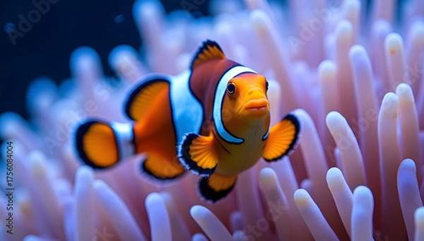 Fototapeta Close-up underwater photograph of vibrant orange clownfish in coral reef. Generative AI

