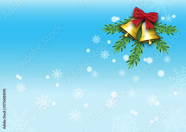 Obraz Christmas bell and pine leaf, snow fall background.