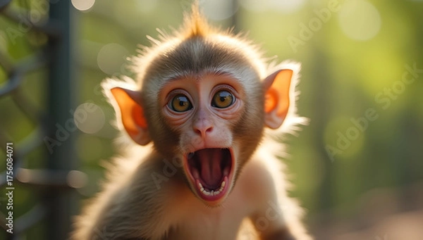 Fototapeta Adorable monkey with funny surprised face, natural light. Generative AI
