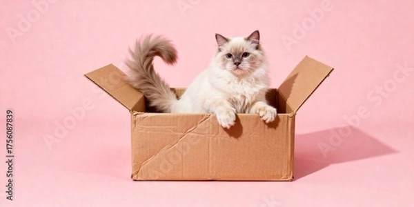 Fototapeta Fluffy cat sitting inside an open cardboard box in a pastel pink background, retro vintage commercial style