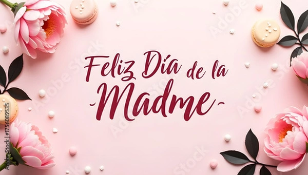 Fototapeta Festive Mother's Day greeting card with floral pink background. Generative AI
