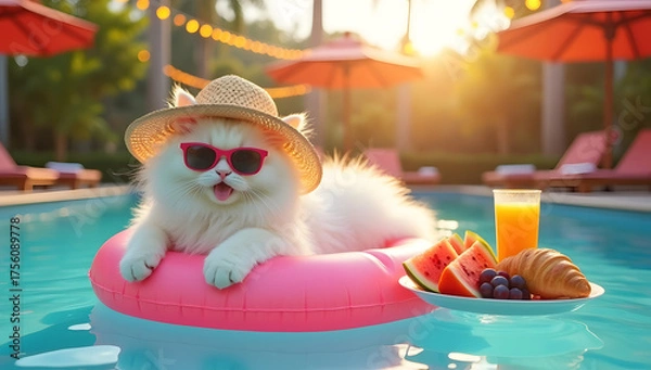Fototapeta Adorable white cat resting on float in pool during sunny day. Generative AI
