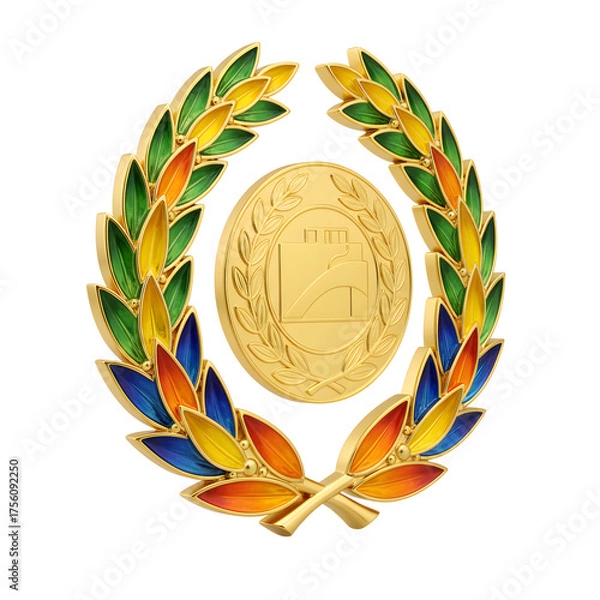 Fototapeta Vibrant Excellence Award Medal with Golden Laurel Wreath and Star on White