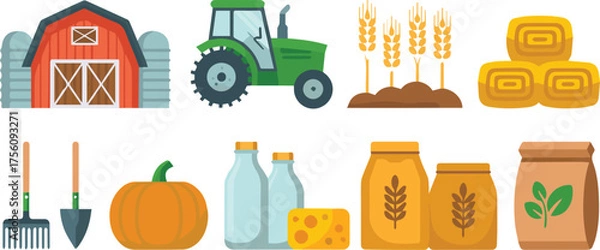 Fototapeta Vector art of farm elements collection featuring barn, tractor, crops