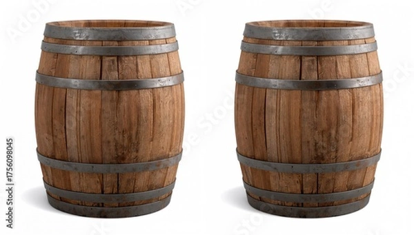 Fototapeta Oak barrel crafted from crushed wood for flavoring spirits, set against a white backdrop