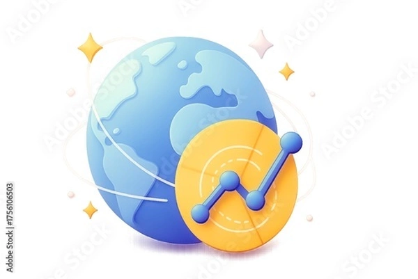 Fototapeta Global Growth Concept – Stylized Earth with Circular Chart, Upward Line Graph, and Decorative Stars on Transparent Background