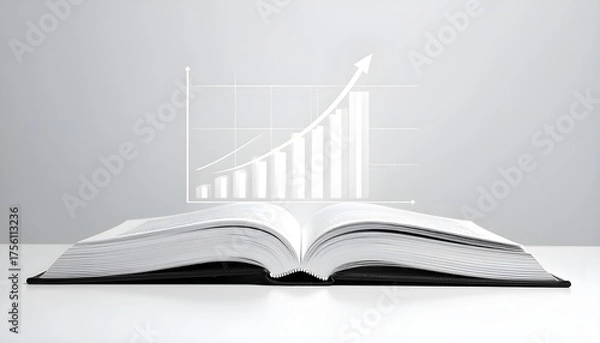 Fototapeta An open savings book with a glowing upward bar graph symbolizing financial growth and profit. Minimalist composition with white background, representing success, banking, and investment concepts.