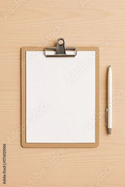 Obraz Minimal clipboard and pen on light wooden desk — perfect for document templates, mockups, or medical office use