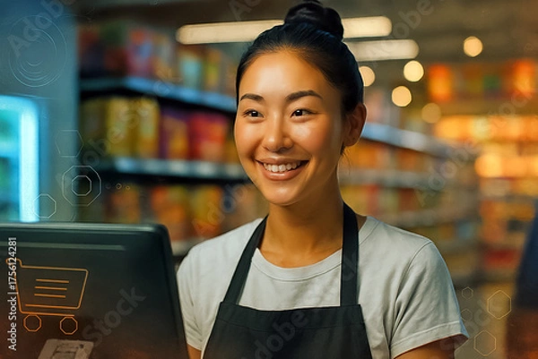 Fototapeta hispanic woman standing in warehouse - Retail Service Concept – Smiling Store Employee in Apron Standing Near Point-of-Sale System with Shopping Cart Icon in Grocery Environment