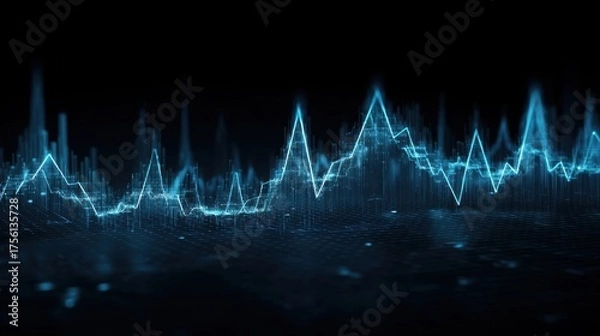 Fototapeta Abstract digital waveforms representing financial trends, data analytics, and technology in a dark theme with glowing blue elements for modern concepts