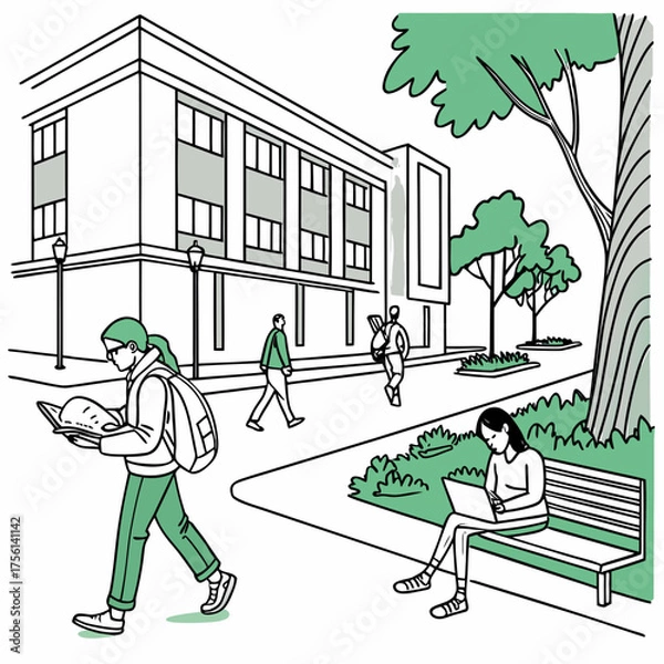 Fototapeta Vector art of students on campus