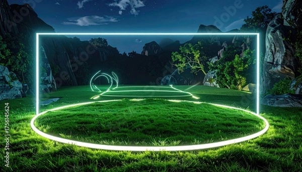 Fototapeta Neon Frame Surrounding a Lush Green Garden at Night