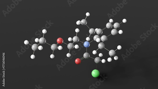 Obraz pretilachlor molecule 3d, molecular structure, ball and stick model, structural chemical formula herbicide