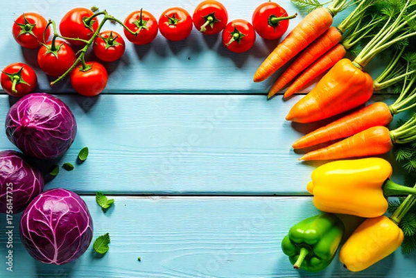 Obraz Vibrant Assortment Of Fresh Garden Vegetables Arranged On A Rustic Blue Wooden Surface