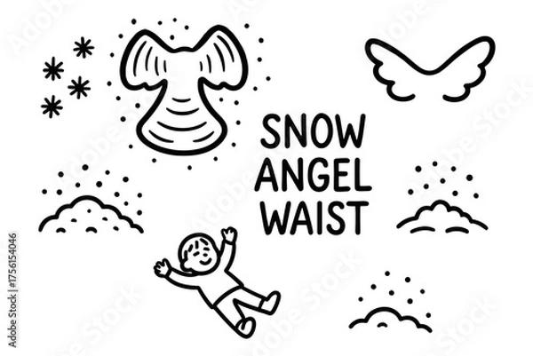 Fototapeta Black and white illustration depicting a child lying in the snow making a snow angel, surrounded by whimsical patterns and the text "snow angel waist.