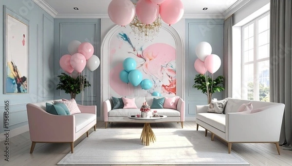 Fototapeta Pastel Pink and Blue Living Room with Balloons
