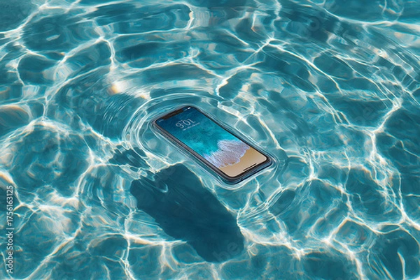 Fototapeta Smartphone floating in pool concept: Smartphone floats effortlessly on water surface, displaying its water resistance, it seems relaxed and carefree