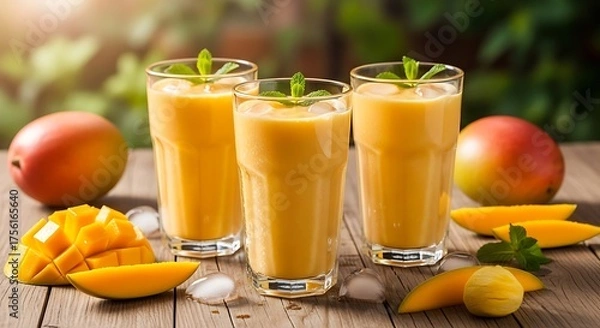 Fototapeta Tropical Mango Bliss: Vibrant glasses of mango smoothies adorned with mint leaves and whole mangos and slices on a rustic wooden table. A refreshing and colorful display of fruity delight.