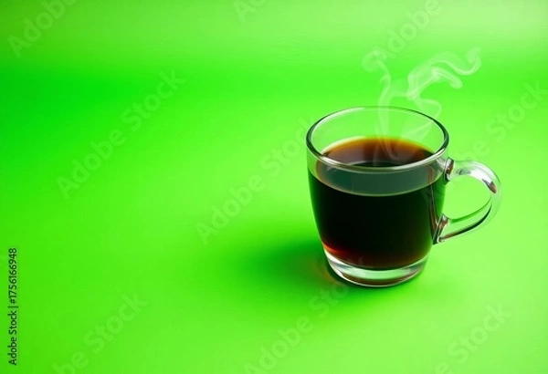 Obraz Steaming cup of coffee on a vibrant green background,  java,  caffeine