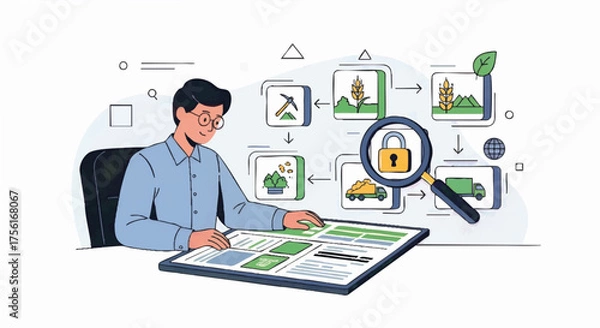 Obraz Flat vector design of an auditor reviewing a secure supply chain. Traceability, logistics, and immutability concept illustration. Modern infographic for business and technology