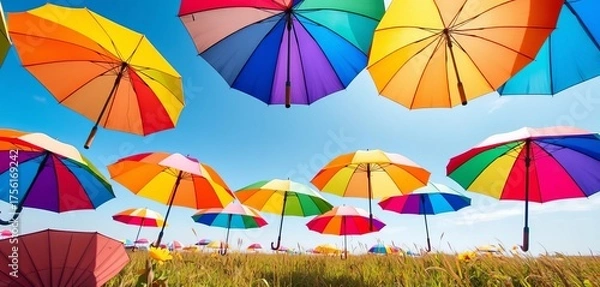 Obraz Vibrant multicolored umbrellas open in a sunny field,  summer,  multi-colored