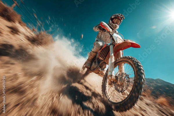 Fototapeta Motocross rider speeding across a dry desert landscape, kicking up dust and dirt