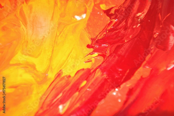 Obraz 赤色と黄色の混ざり合った絵の具　画材　抽象的　背景　マーブル模様