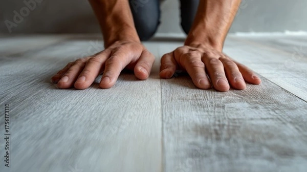 Obraz Concept of mindfulness and meditation with a focus on hands resting on a wooden floor.