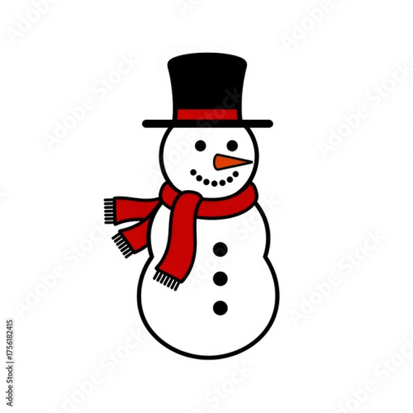 Obraz ai generative Simple flat vector icon of a snowman with hat and scarf, minimal line art, black outline, centered on white background