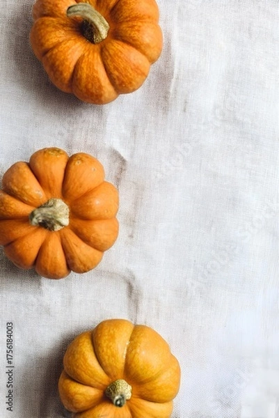 Fototapeta Three mini orange pumpkins on rustic linen fabric – autumn flatlay still life